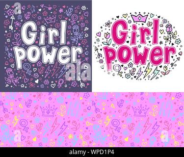 Girl power collezione. Girly slogan femminista con disegnati a mano scritte e seamless pattern. Femmina simbolo motivazione in cartoon lo stile comico. Per la stampa di poster, t-shirt, cartolina o capi di vestiario design. Illustrazione Vettoriale