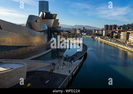 Paesaggio urbano dell'antenna del Museo Guggenheim Bilbao sul fiume Nervion, Bilbao, Paesi Baschi Foto Stock