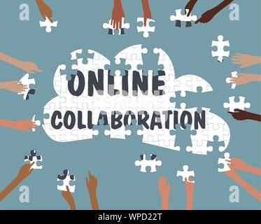 La collaborazione del team concetto con mani online in cloud jigsaw Illustrazione Vettoriale