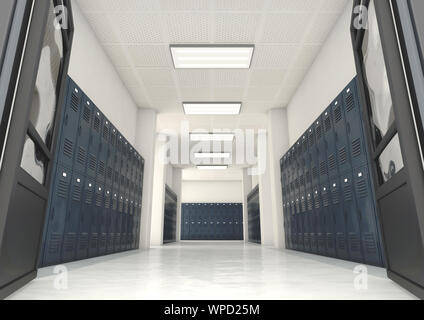 Uno sguardo verso il basso una ben illuminata e pulire le scuole corridoio di armadietti - 3D render Foto Stock