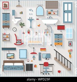 Mobili e lunghe ombre icone, vivaio o baby room con COT, camera da letto, bagno, scale, tutti gli oggetti raggruppati separatamente e facile da spostare o modificare Illustrazione Vettoriale