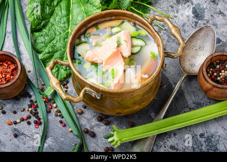 Zuppa fredda con rabarbaro e pesce.Estate zuppa fredda.la zuppa di salmone Foto Stock