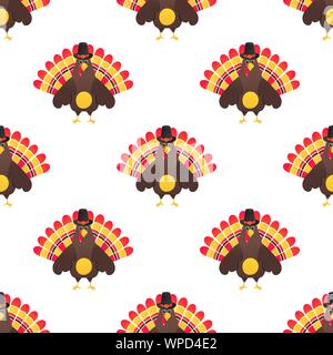 Seamless colorato motivo di ringraziamento con la Turchia bird e il cappello sulla piana stile design illustrazione vettoriale isolati su sfondo bianco Illustrazione Vettoriale
