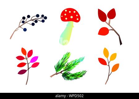 Vettore di autunno insieme con foglie andmushrooms. Stagionale collezione autunno. Illustrazione Vettoriale