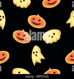 Modello di Halloween. Biscotti a forma di zucca, teschi e fantasmi su uno sfondo nero. Illustrazione Vettoriale