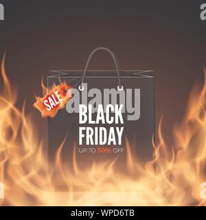 Venerdì nero banner. Etichetta di sconto e shopping bag nel fuoco. La migliore offerta. Illustrazione Vettoriale Illustrazione Vettoriale