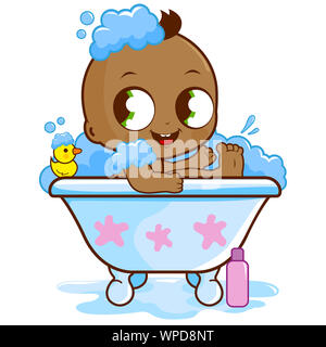 Illustrazione di un simpatico African American baby boy in una vasca per fare un bagno di bolle e giocare con la sua rubber duck giocattolo. Foto Stock