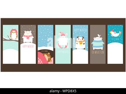 Felice D'inverno. Set di template banner verticale con simpatici animali e scene invernali con la neve. Iscrizione Let it snow, oh che cosa divertente. EPS8 Illustrazione Vettoriale