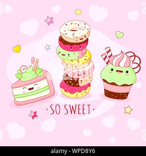 Divertente sfondo con graziosi cibi dolci in stile kawaii con volto sorridente e guance di rosa. Iscrizione così dolce, ciambelle, torta e tortina. EPS8 Illustrazione Vettoriale