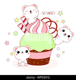 Carino yummy card in stile kawaii. Bella orsi polari con la menta cupcake. Iscrizione così dolce. EPS8 Illustrazione Vettoriale