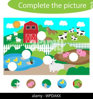 Completa il puzzle e trovare le parti mancanti della foto, farm divertente gioco di educazione per i bambini in età prescolare attività del foglio di lavoro per i bambini, attività per Illustrazione Vettoriale