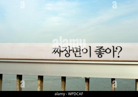 Mapo bridge a Seoul con la parola 'Do ti piace Jjjajangmyeon (piatto cinese con la pasta)?" scritto sul parapetto Foto Stock
