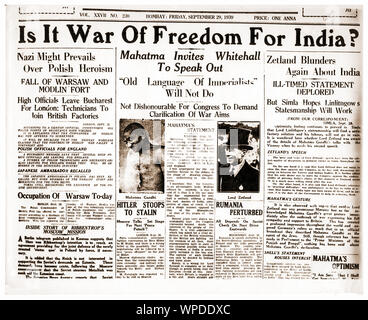 Prima pagina del giornale Bombay Chronicle su Mahatma Gandhi, Bombay, India, Asia, settembre 29, 1939 Foto Stock