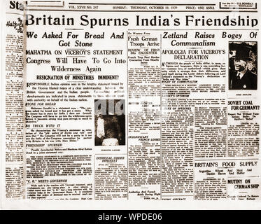 Prima pagina del giornale Bombay Chronicle su Mahatma Gandhi, Bombay, India, Asia, 19 ottobre, 1939 vecchia foto vintage anni '1900 Foto Stock