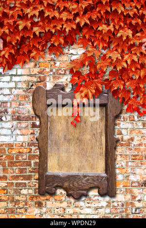 Avviso di legno scheda contro un muro di mattoni coperta di edera Foto Stock