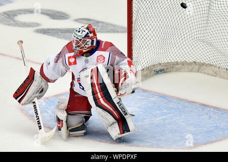 Trinec, Repubblica Ceca. 08 Sep, 2019. Portiere di Minsk Igor ricevitore Brikun il sesto obiettivo durante l'Hockey su Ghiaccio Champions League gruppo D match: HC Ocelari Trinec - Yunost Minsk in Trinec, Repubblica Ceca, 8 settembre 2019. Credito: Jaroslav Ozana/CTK foto/Alamy Live News Foto Stock