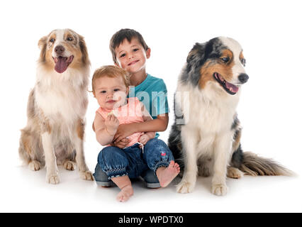 Bambini e cani in font di sfondo bianco Foto Stock