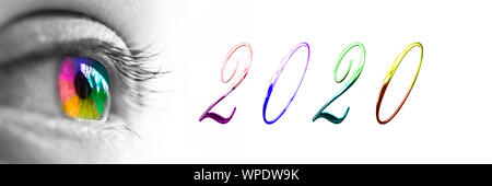 2020 e colorato rainbow occhio headeron panoramica sullo sfondo bianco, 2020 Anno Nuovo concetto dei messaggi di saluto Foto Stock