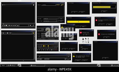 Set di retrò interfaccia utente di programmi software in modalità buia tema Illustrazione Vettoriale