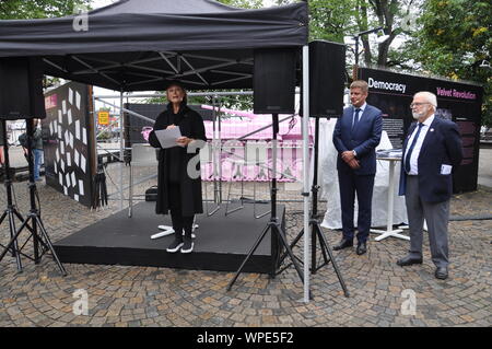 Stoccolma, Svezia. 09Sep, 2019. L-R'attrice svedese Lena Endre, Ceco Ministro degli Affari Esteri Tomas Petricek ed ex europarlamentare svedese Goran Farm assistere ad un'apertura del serbatoio di Rosa: costantemente per la democrazia da artista ceco David Cerny a Stoccolma, Svezia, il 9 settembre 2019, in occasione del trentesimo anniversario della Rivoluzione di Velluto nella ex Cecoslovacchia. Credito: Tereza Supova/CTK foto/Alamy Live News Foto Stock