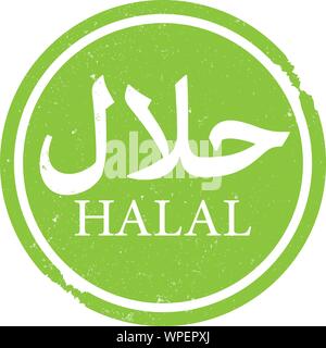 Rotondo verde HALAL timbro di gomma o di stampa logo con scrittura araba per word halal Illustrazione Vettoriale