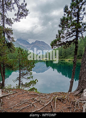 Un alpino di alta montagna lago riflette perfettamente le montagne circostanti, alberi e cielo nella bellissima Swiss paesaggio alpino. Foto Stock