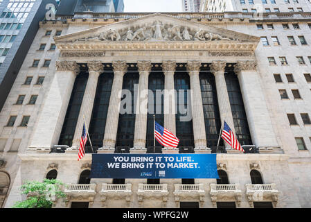 New York Stock Exchange USA, vista del New York Stock Exchange Building, NYSE, situato a Wall Street, Lower Manhattan, New York City, Stati Uniti Foto Stock