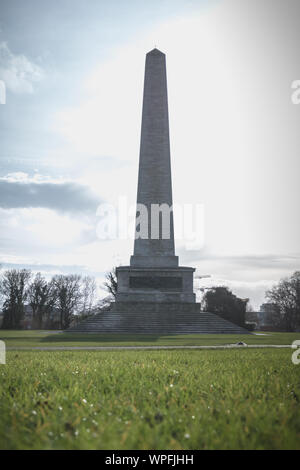 Dettagli architettonici del Wellington Testimonial obelisco nel Phoenix Park di Dublino in Irlanda su una giornata invernale Foto Stock