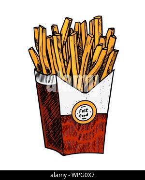 Le patatine fritte in stile vintage. Il fast food illustrazione per banner o poster. Disegnata a mano adesivo. Illustrazione Vettoriale