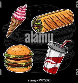 Junk fast food, sandwich e gelati, Burger e soft drink su uno sfondo nero. Vintage schizzo per il menu del ristorante. Disegnata a mano figurine rétro Illustrazione Vettoriale
