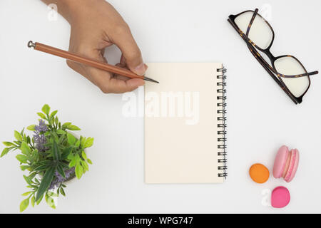 Vista dall'alto per notebook aperto, matita, impianti incapsulate, bicchieri e amaretto bianco su sfondo scrivania. Foto Stock