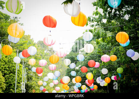 Carta colorata Lanterna appesa con alberi e il cielo in background. Foto Stock