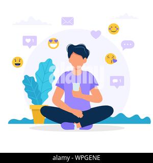 Uomo con uno smartphone social media icone. Concetto illustrazione vettoriale in stile piatto Illustrazione Vettoriale