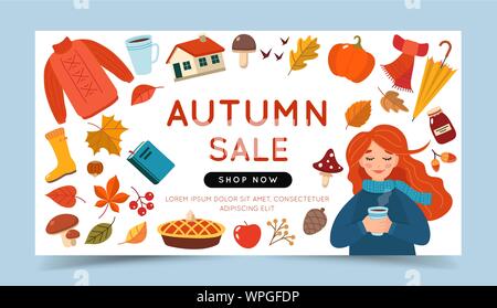 Vendita autunnale modello di pagina di intestazione con una ragazza e diversi elementi d'autunno. Carino illustrazione vettoriale in stile cartoon. Illustrazione Vettoriale