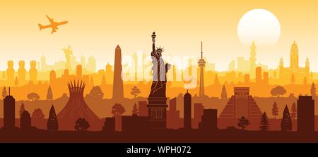 America famoso segno distintivo stile silhouette con design di riga sul tramonto del tempo,illustrazione vettoriale Illustrazione Vettoriale