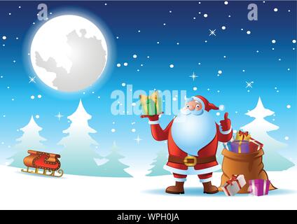 Santa Claus pollice in alto sulla neve nella notte di Natale per inviare dono a tutti vicino a slitta e sacco regalo,felice stagione,illustrazione vettoriale Illustrazione Vettoriale