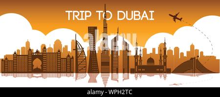 Famoso segno distintivo di Dubai,destinazione di viaggio,silhouette design,bianco e arancio colore sfumatura,illustrazione vettoriale Illustrazione Vettoriale