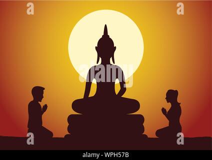 Buddista e donna uomo pagare rispetto alla scultura di Buddha educatamente con fede e credere,stile silhouette illustrazione vettoriale Illustrazione Vettoriale