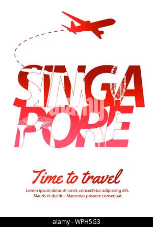 Singapore famoso segno distintivo stile silhouette all'interno di testo,bandiera nazionale di colore rosso e bianco design,illustrazione vettoriale Illustrazione Vettoriale