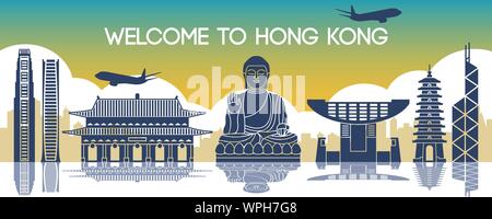 Famoso punto di riferimento di Hong Kong,destinazione di viaggio,silhouette design, colore sfumatura,illustrazione vettoriale Illustrazione Vettoriale