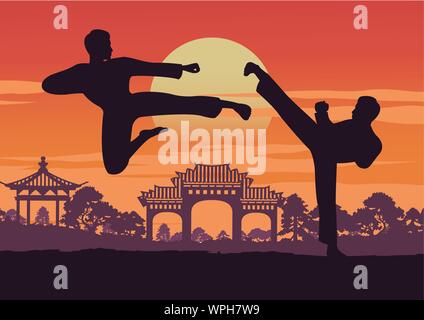 Due uomini di tae kwon do del treno vicino a punto di riferimento di Corea,famoso arti marziali del mondo,illustrazione vettoriale Illustrazione Vettoriale