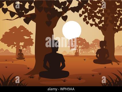 Buddista di uomini e donne pagare la meditazione del treno per arrivare alla pace e al di fuori del soffrono sotto l'albero ,stile silhouette illustrazione vettoriale Illustrazione Vettoriale