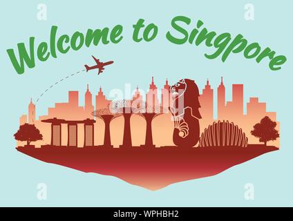 Singapore famoso segno distintivo stile silhouette sul galleggiante isola rossa e verde nome paese testo,viaggi e turismo,illustrazione vettoriale Illustrazione Vettoriale