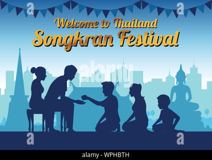 Padre madre e bambino versare acqua per i nonni di pagare il rispetto e benedire in canzone kran giorno famoso festival della Thailandia Loa Myanmar e Cambogia,nuovo Illustrazione Vettoriale