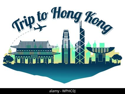 Hong Kong famoso segno distintivo stile silhouette sull isola galleggiante,viaggi e turismo,blu scuro colore verde,illustrazione vettoriale Illustrazione Vettoriale