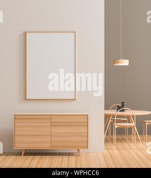 Mock up del fotogramma poster in arredamento moderno con arredamento di legno. Minimalista sala da pranzo design. 3D'illustrazione. Foto Stock