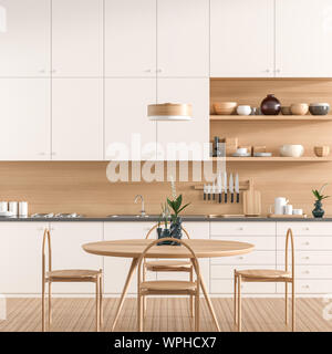 Lo stile scandinavo moderno e cucina con tavolo da pranzo. Moderna cucina design con arredi in legno. 3D'illustrazione. Foto Stock