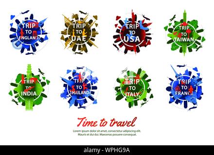 Bundle del famoso punto di riferimento di tutto il mondo lo stile Silhouette intorno al testo con tono colorato,viaggi e turismo,illustrazione vettoriale Illustrazione Vettoriale