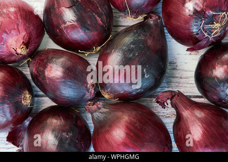 Molte le cipolle rosse su un bianco sullo sfondo di legno Foto Stock