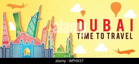 Banner giallo di Dubai famosa silhouette distintivo stile colorato,piano e palloncino volare intorno con il cloud,illustrazione vettoriale Illustrazione Vettoriale